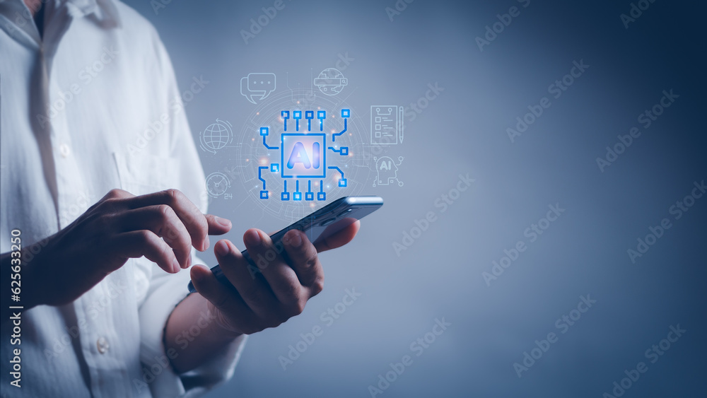 Aufkleber business people use their phones to input commands or text to process future technological innovatio