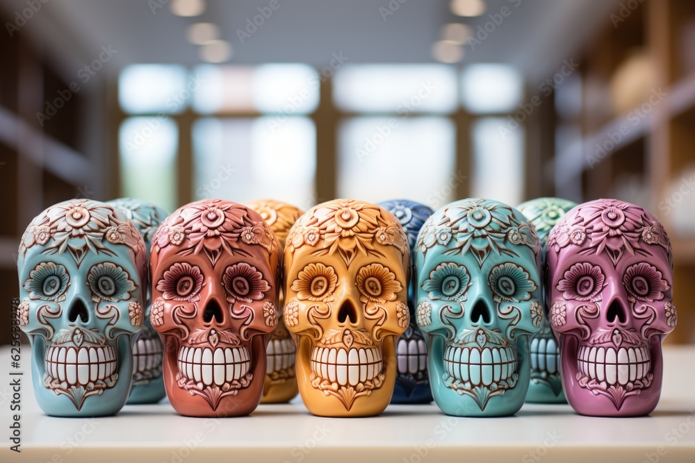 Poster a row of colorful skulls sitting on top of a table. generative ai. .