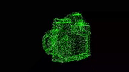 3D photo camera rotates on black bg. Digital camera. Professional photographer traveler concept. For title, text, presentation. Business advertising backdrop. 3d animation 60 FPS