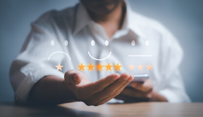 man showing smiley face icon on hand Show satisfaction or previous experience from business and...
