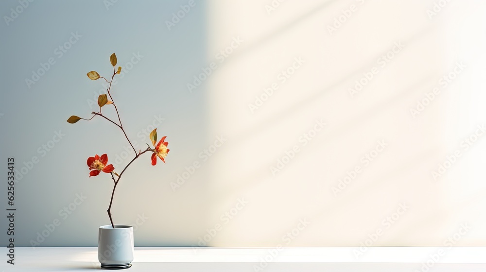 Poster a small vase with a plant in it on a table. generative ai