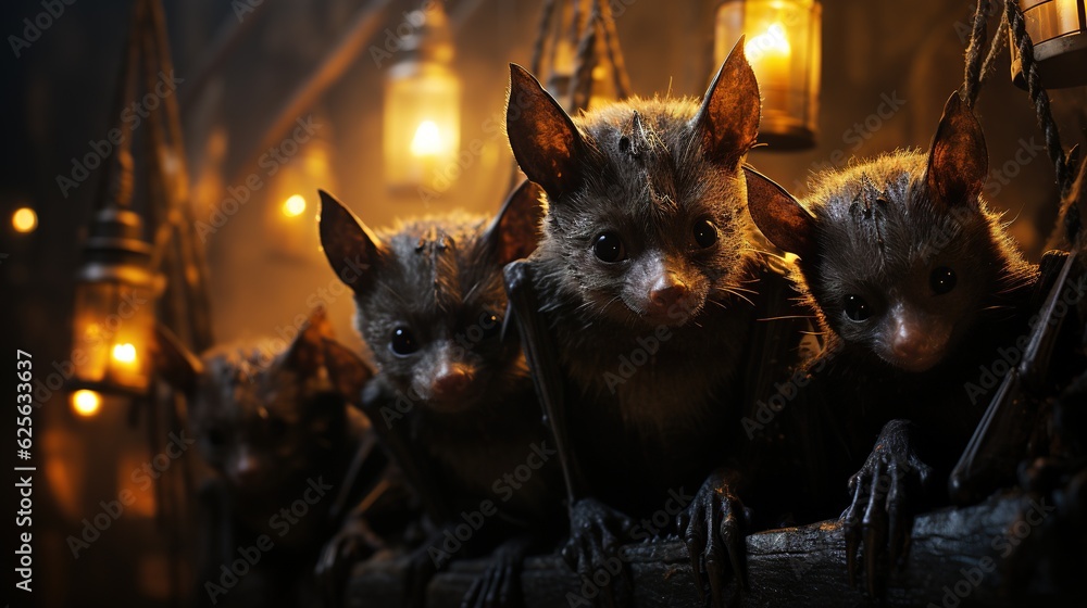 Poster a group of bats sitting next to each other on a table. generative ai