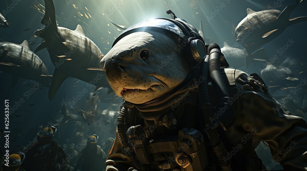 Poster a man in a diving suit standing in front of a large group of sharks. generative ai