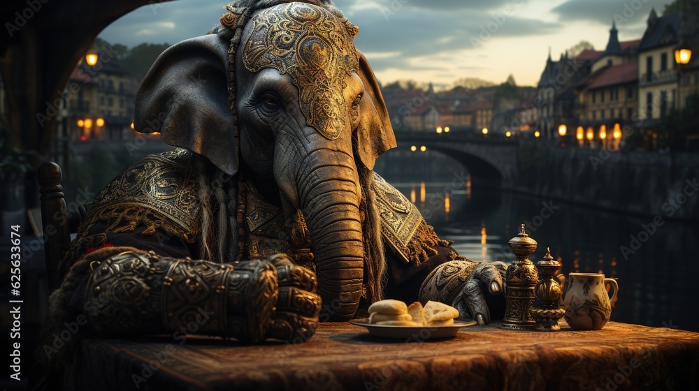 Poster an elephant statue sitting atop a table next to a river, with a plate of food items and other object