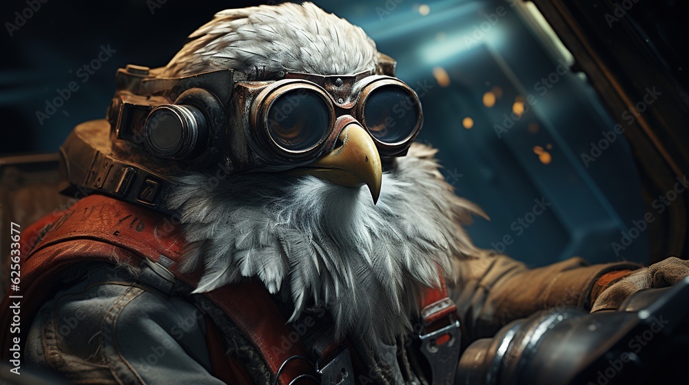 Poster an eagle with goggles and a helmet on is looking out the window. generative ai