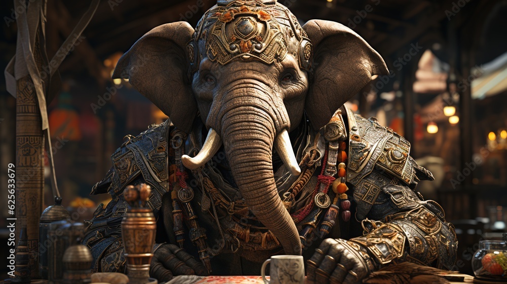 Aufkleber a statue of an elephant with a large trunk and tusks. generative ai