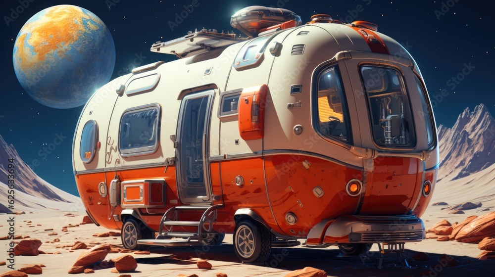 Poster an orange and white rv parked in the desert. generative ai. bus conversion into tiny house for happy