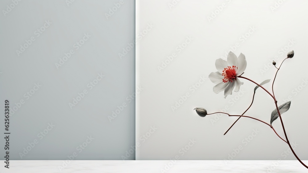 Poster a white vase with a red flower in it on a table. generative ai