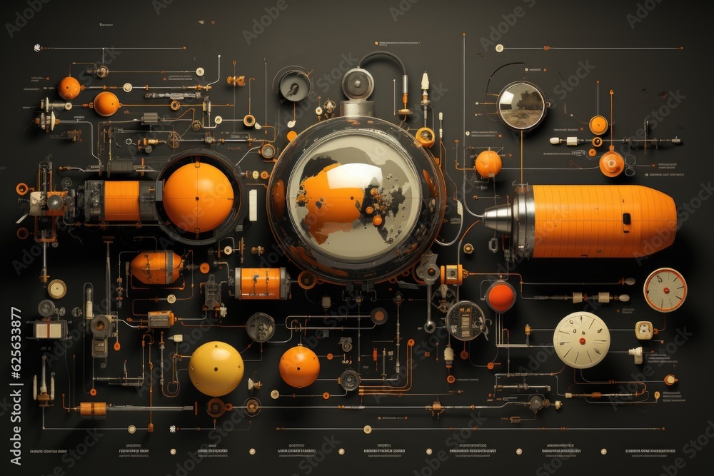 Poster an orange and black clock surrounded by oranges and pipes. generative ai. .