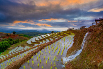 Terraced Paddy Field in Mae-Jam Village Chiang Mai, Thailand. The village is in a valley among the rice terraces. beautiful landscape view of rice terraces and houses in Chiang Mai, Thailand.