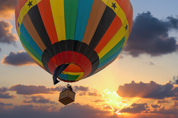 Colorful hot air Balloon flying above city on sunset time before dark coming with colorful of light...