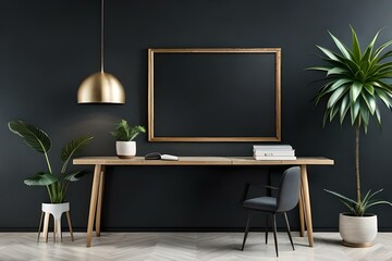 Wooden poster frame mockup on black wall with tropical plants, blank horizontal frame. Office room interior