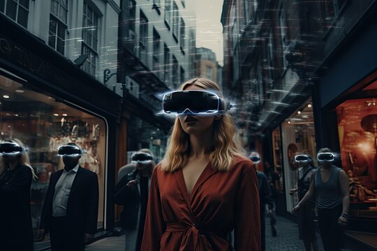 Escape from reality in digital world. Street with people in virtual reality glasses. Internet zombie generation.