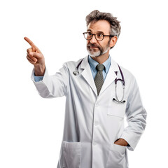 Doctor senior man, medical professional holding something in empty hand isolated over white background png format on transparent background Fictional Person, Generative AI
