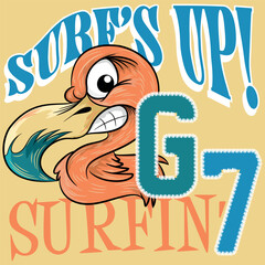 Illustration flamingo with text Surfs up and number 7 G college style patchwork, Cool colors, Fashion spring summer design.