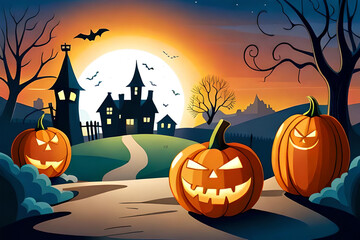 kids illustration, spooky Halloween scene with ghosts pumpkins bats, and the old house in the background, cartoon style, thick lines low detail, vivid color night, moon