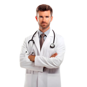 Serious doctor in whitecoat crossing arms on chest while standing in front of camera isolated on transpared background png format Fictional Person, Generative AI