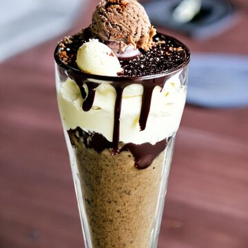 ice cream sundae with vanilla ice cream, dark chocolate & sprinkles in a tall glass by Generative AI