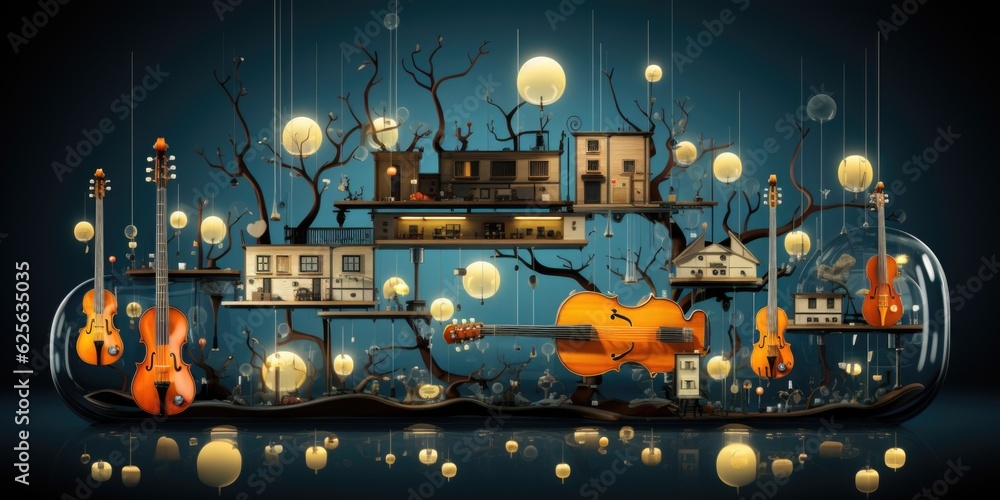Poster a group of musical instruments in a jar. generative ai. .