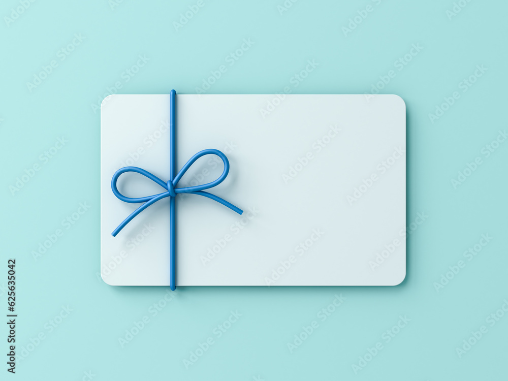 Poster blank white gift card with blue ribbon rope bow isolated on blue cyan pastel color background with s