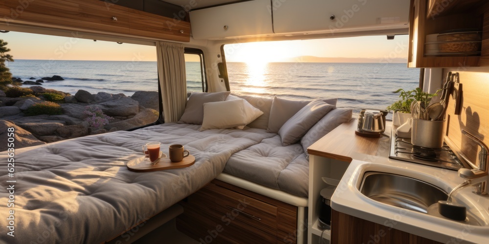 Poster a view of the ocean from inside a camper. generative ai. .