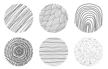 Set of abstract textured circles. Hand drawn doodle shapes. Spots, drops, curves, Lines. Contemporary trendy design elements for posters, banners, Social media templates. Vector illustration.