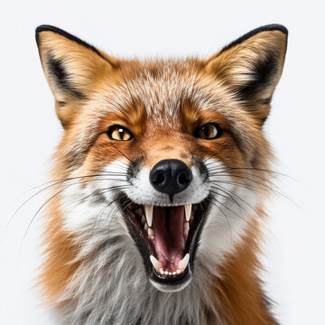 Predatory angry red fox bares big fangs, growls, portrait, close-up on white