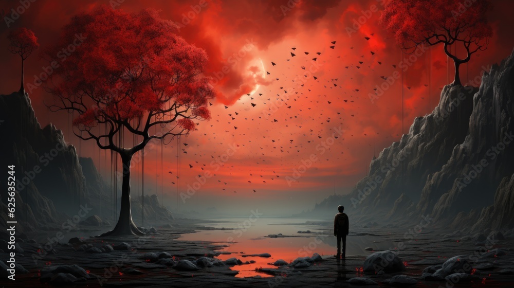 Aufkleber a man standing in front of a red sky. generative ai. .