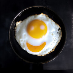 Smiling fried egg, yolk smile, appetizing breakfast, cheerful food background