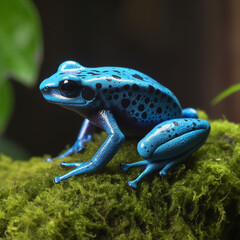 Blue dart frog Dendrobates, poisonous frog on a branch, bright beautiful color, unusual amphibian