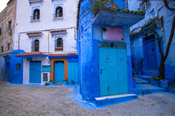 Blue shade of houses, street and alley in Chefchaouen, a city in northwest Morocco where is noted for its buildings in shades of blue, for which it is nicknamed the Blue City