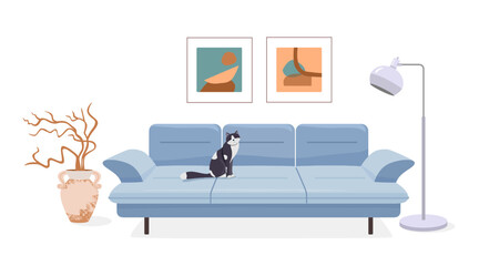 Large wide soft blue sofa, metal floor lamp, clay vase with decorative tree branches, paintings with an abstract modern pattern. Vector illustration of lounge furniture in living room with cat.