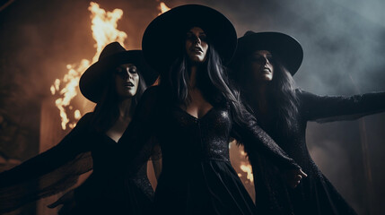 Three witches with the wicthes hats. Fire at background - obrazy, fototapety, plakaty
