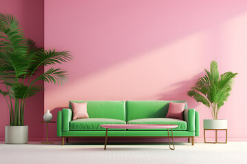Fototapeta premium Minimalistic and aesthetic interior in a pink-green palette. With Generative AI technology