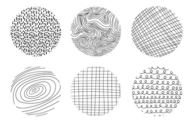 Set of abstract textured circles. Hand drawn doodle shapes. Spots, drops, curves, Lines. Contemporary trendy design elements for posters, banners, Social media templates. Vector illustration. 