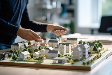 Architects Deliberating Urban Planning Model with Miniature City on Table AI generated