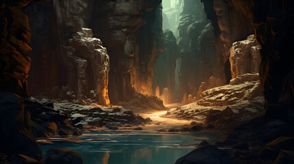 Illustration of a river inside a mountain cave