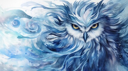 Majestic horned owl in winter with beautiful big yellow eyes and ice blue feathers, wallpaper background art illustration - generative AI