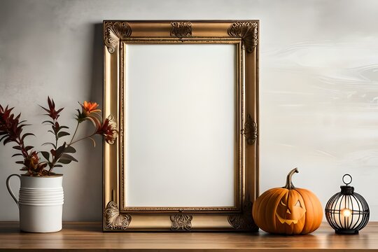 Wooden frame mockup on shelf over white wall with halloween pumpkin, blank vertical frame with copy space