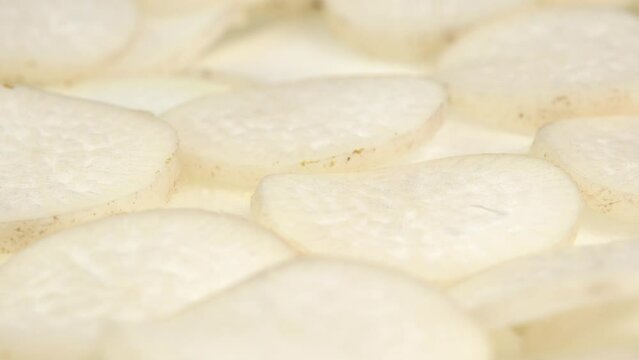 Sliced daikon radish rotates on a plate as a background. Mooli or Daikon, Raphanus sativus, displayed on a market stall, traditional japanese dish