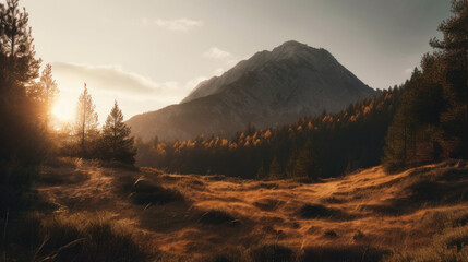 Obraz premium Mountain at sunset with sun and forest.