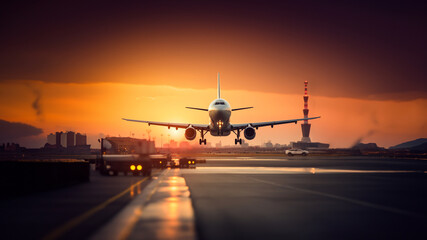 Flugzeug beim Anflug auf die Landebahn mit schönen Sonnenaufgang als Hintergrund Poster, ai generativ