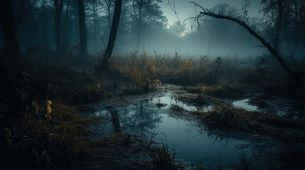 Obraz premium Mysterious forest swamp at foggy night or dusk.