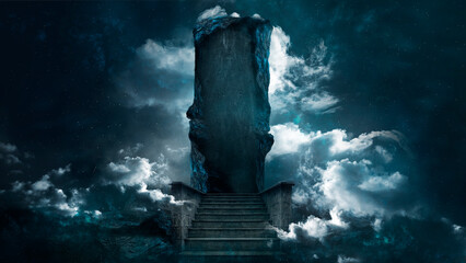 Fantasy night mountain landscape, moonlight and nebulae. Ancient stone portal, stairs up. 