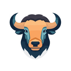 Vector of a flat, minimalist depiction of a bulls head with striking horns against a clean white background