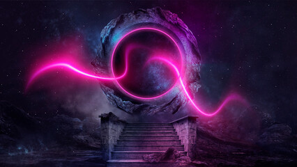 Fantasy night mountain landscape, moonlight and nebulae. Ancient round stone portal, neon light, stairs up. 