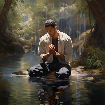 Discover serenity in our captivating image of Men in prayerful reflection amidst a tranquil scene. A peaceful moment of spiritual connection and introspection