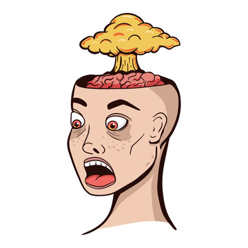 Vector doodle image with Humans head with open brain case with a cloud of a huge nuclear explosion. Mind Blowing concept.