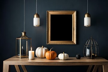 Wooden frame mockup on shelf over black wall with halloween ornaments, blank vertical frame with copy space