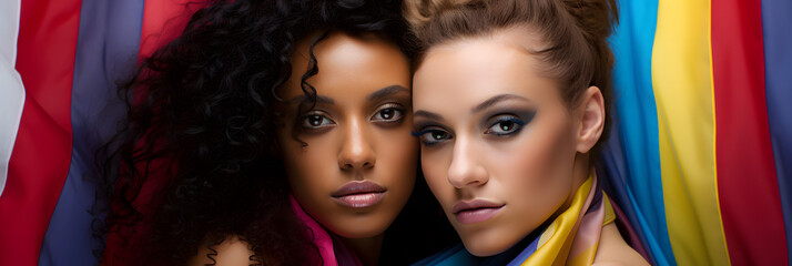Obraz premium Close-up of a couple of women hugging. Modern and disruptive aesthetics. Wrapped with the colorful flag. panoramic format. LGBT concept, women empowerment. Feminist movement.